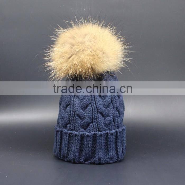 Hot Popular Real Raccon Fur Pompom Women Kintted Winter Wool Caps And Hats