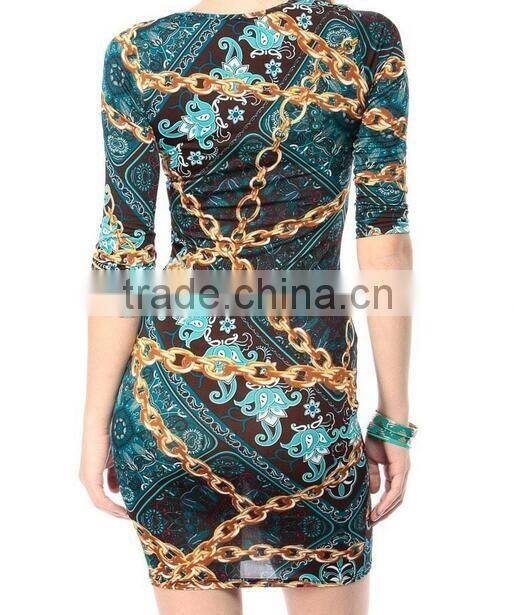 2016 Summer New Fashion Gold Chains Palace Flower Prints Sexy Elegant Women Party Dress
