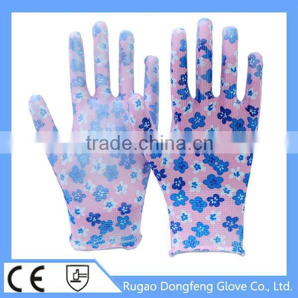 High Performance Polyester Printing Transparent Nitrile Coated Gardening Gloves
