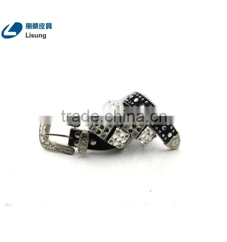 Western Cowhide Belt With Clearly Prism Cut Crystal Studded Rhineston Belt