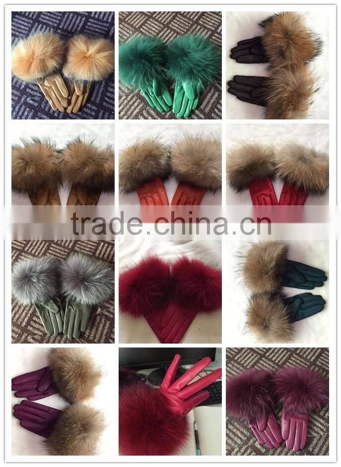 winter fashion sheep leather gloves/raccoon fur gloves