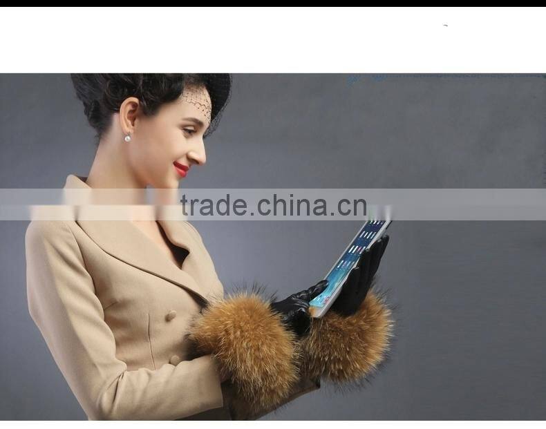 Women Girls Winter Plush Raccoon Fur Leather Mitten Gloves Warm Driving Gift