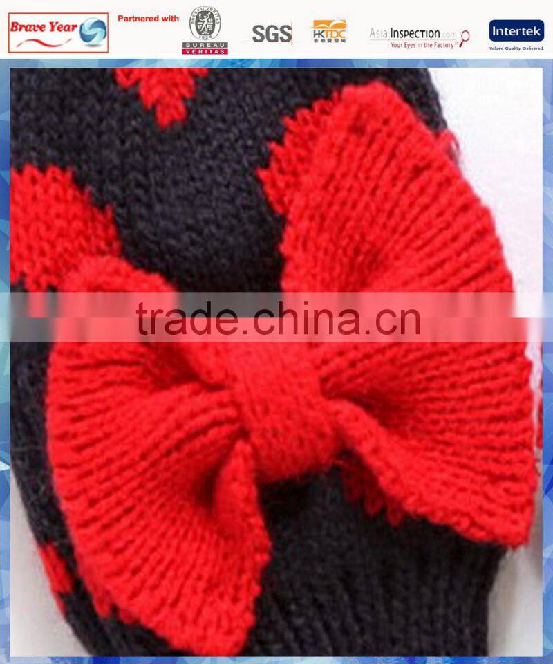 kids dots knitted gloves mitten with red bowknot