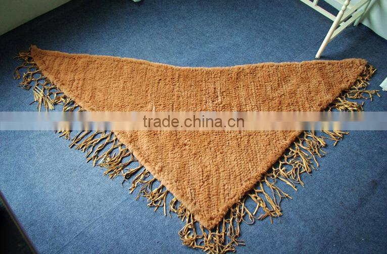 Knitted Rabbit fur shawl sale rabbit sheared fur with leather trim fringies,KZ14135