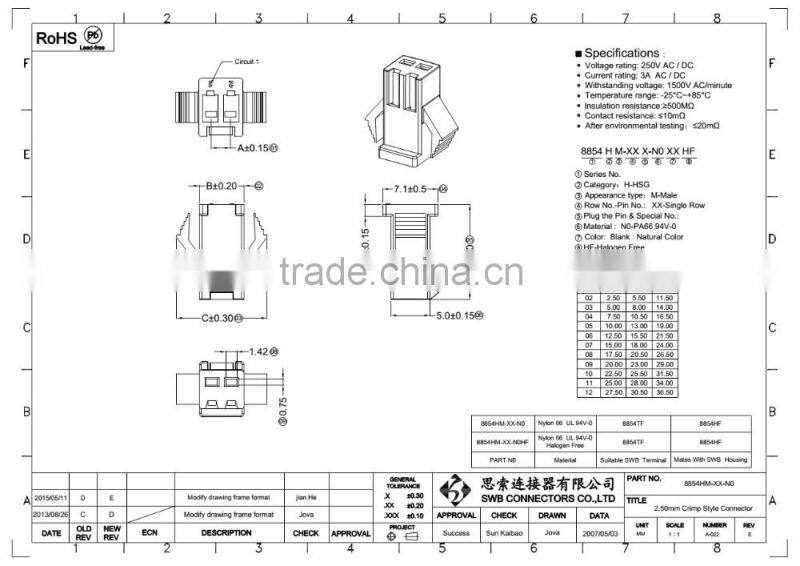 2.5MM Pitch Wire to wire electric connectors JST SM replacement