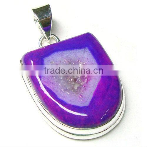 Sterling Silver Faceted Red Colored Ganet & Pink Druzy Pendant