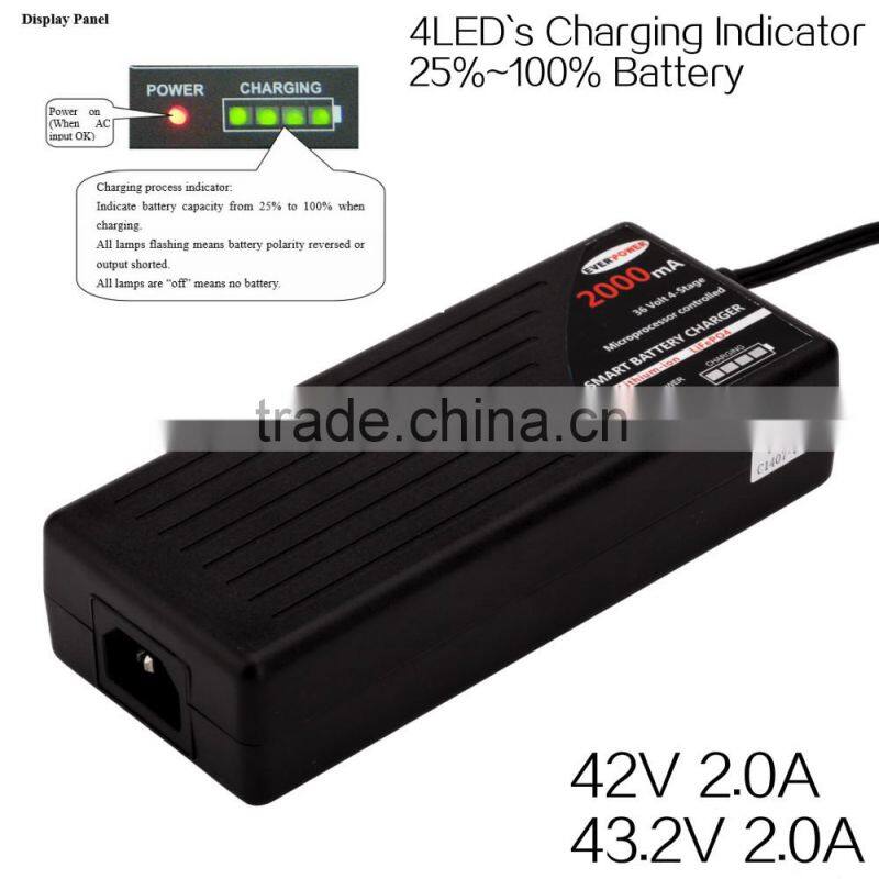 High performance lithium iron battery smart charger 42V electric scooter smart charger 4LED`s battery indicator