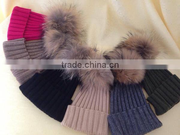 2016/2017 High Quality Winter Knitted Colorful Wool Beanie Hats with Raccoon Fur Pom poms