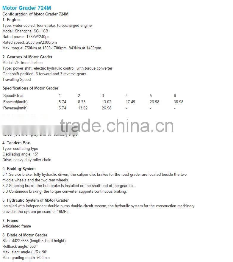 240HP New Brand Changlin Road Machine 19 Ton Motor Grader 724M for sale