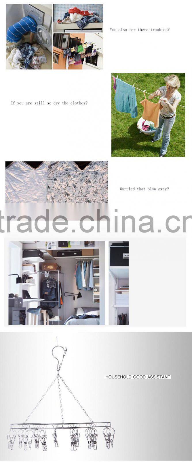 China wholesale round clothespins stainless steel anti-slip underpanty bra sock hanging rack 22 pegs