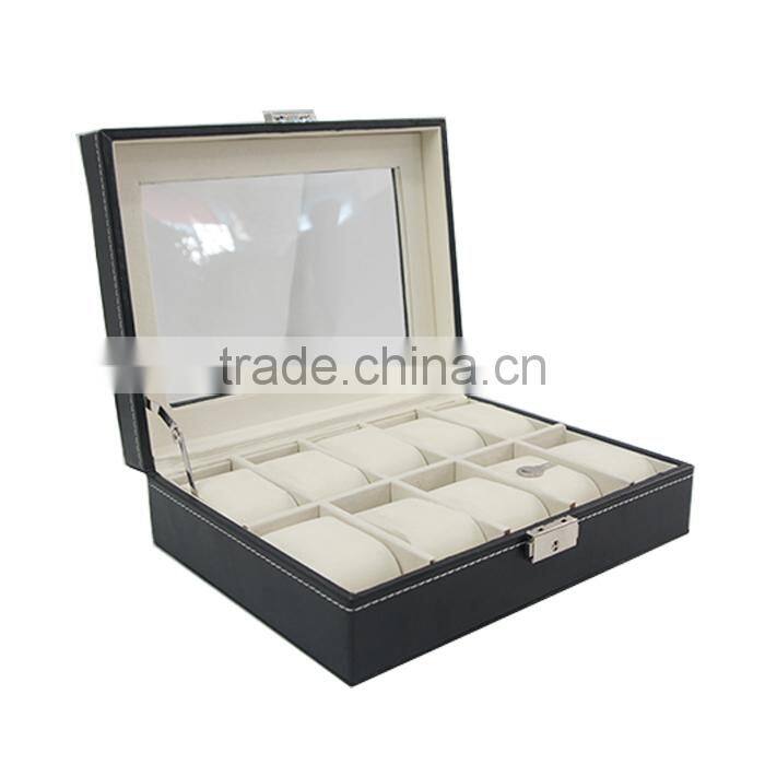 Black Leather Jewelry Box Watch Organizer Storage Case with Lock & Mirror