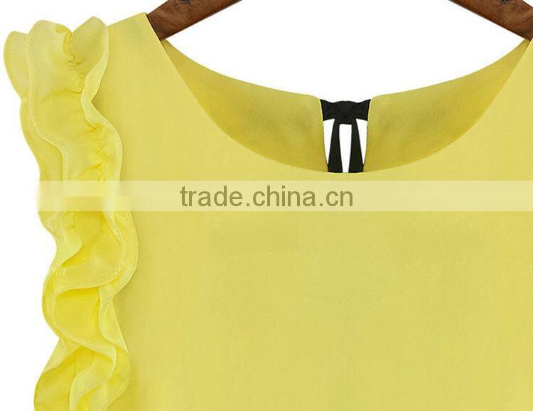 Plus Size Ladies Blouses 2015 New Summer Women Blouse O-Neck Lotus Leaf Casual Shirt Women Clothing Lacing Bow Chiffon Blouse