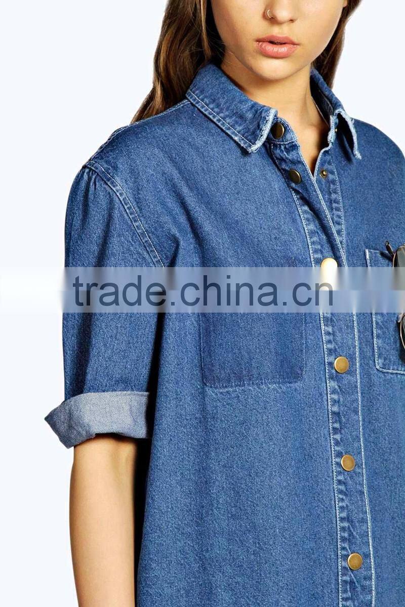 ladies trendy fringe hem denim shirt dress pattern