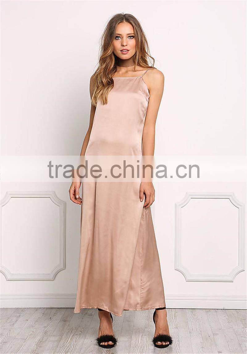 MGOO Hot Sale 2017 New Style Elegant Plain Satin Dress Champage Satin Maxi Dress Low Back Slip Sexy Dress