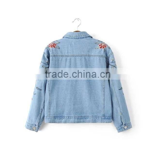 Women's spring rose pattern embroidered washed short tops denim jacket/coat