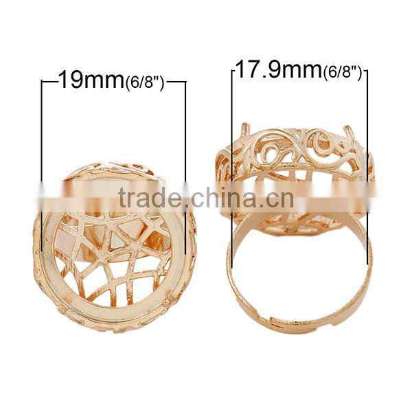 Copper Rings Adjustable Round Rose Gold Cabochon Setting Hollow Pattern 17.9mm Ring Setting