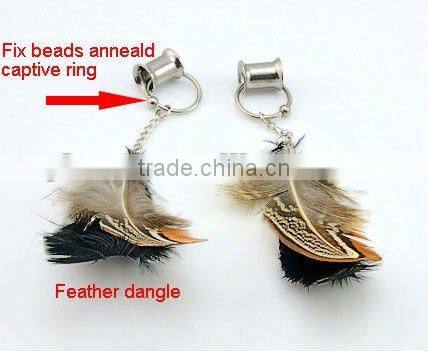 wholesale 316L stainless steel ear tunnel with bright color feather pendant