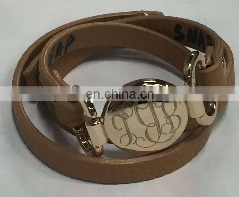 Thin leather wrap with Round plate Monogram Bracelet