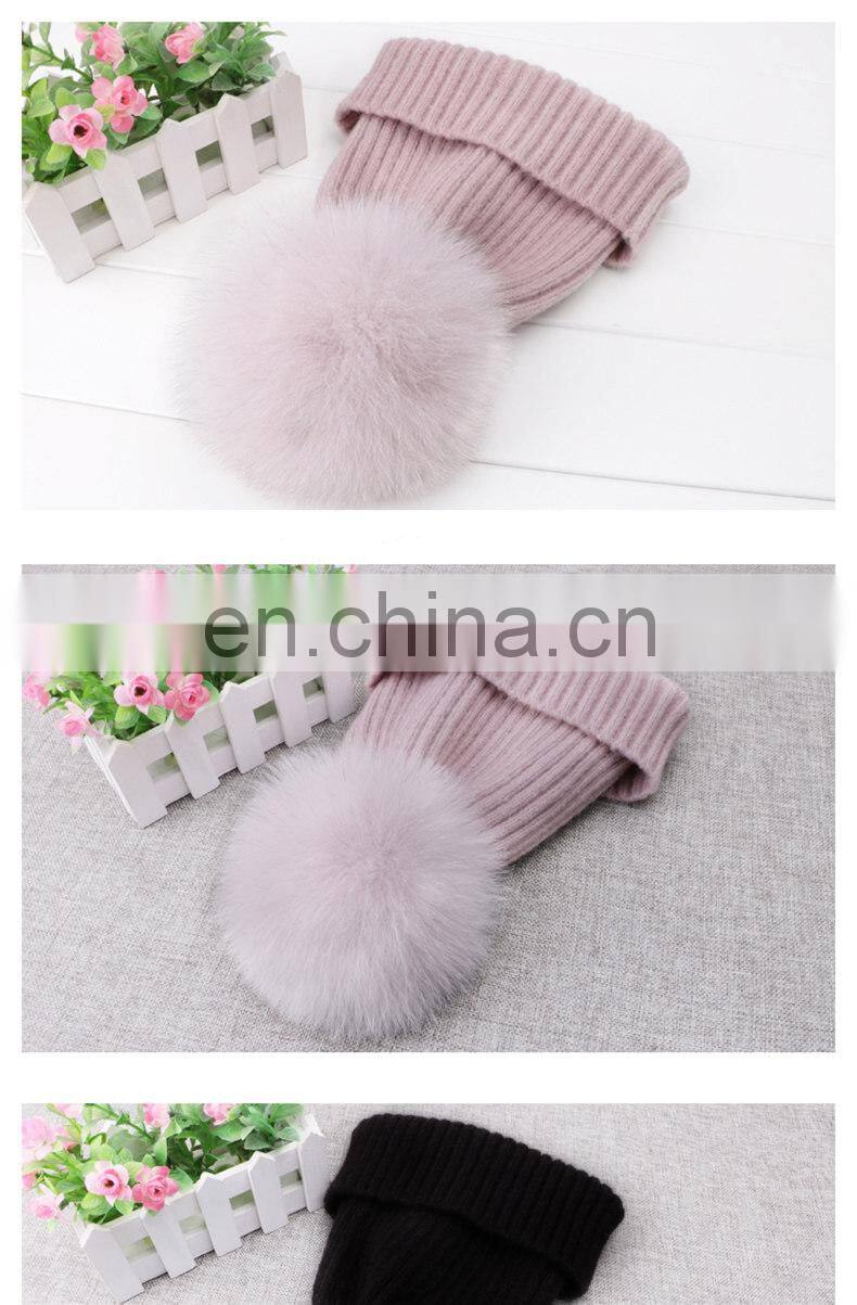 Winter Wool Knitted Beanies Scarf Fox Fur Pompom Knitted Hat Wool