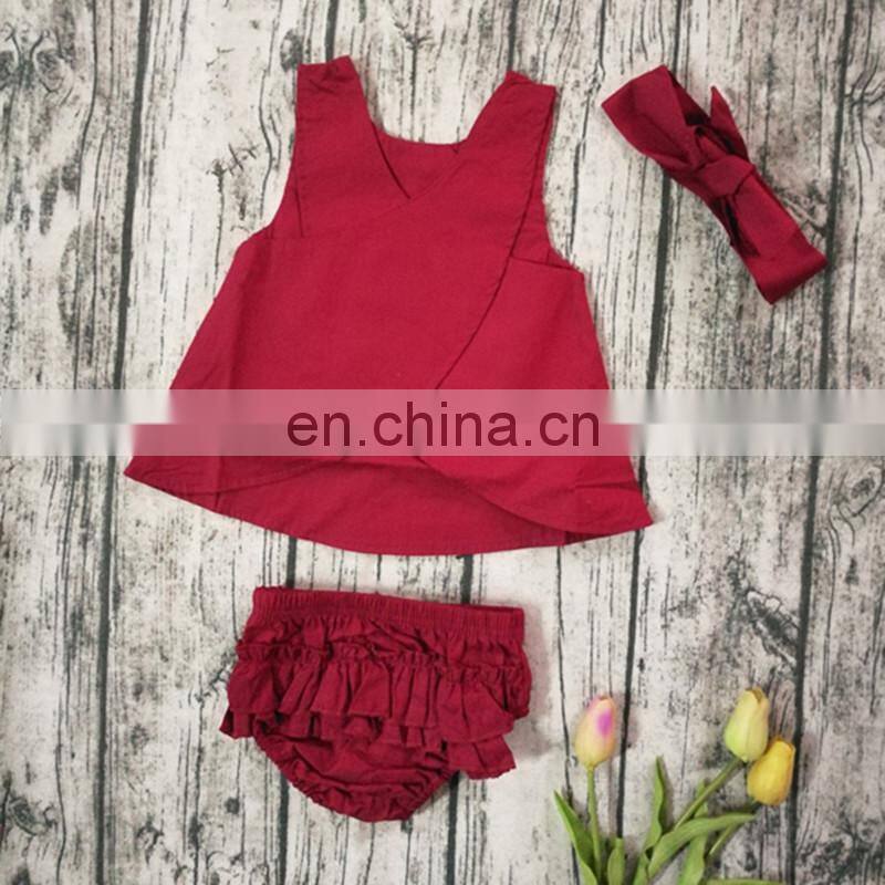 2019 Summer red girls dress & ruffle bloomer pants & headband 3pc set