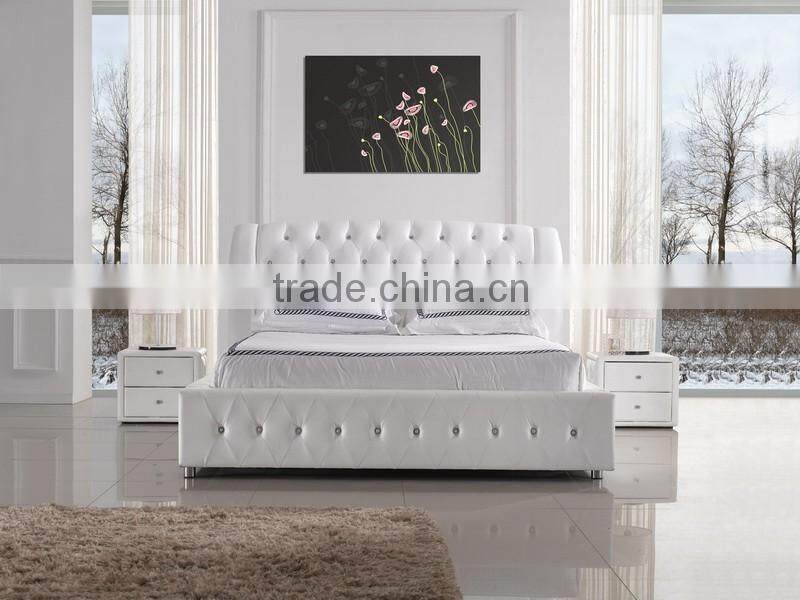 modern leather bed with crystal buttons