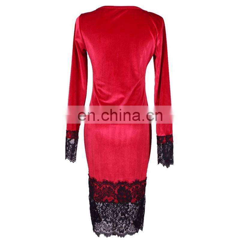 Velvet Dress Women Long Sleeve Lace Patchwork Party Dresses Elegant Bodycon Office Dress