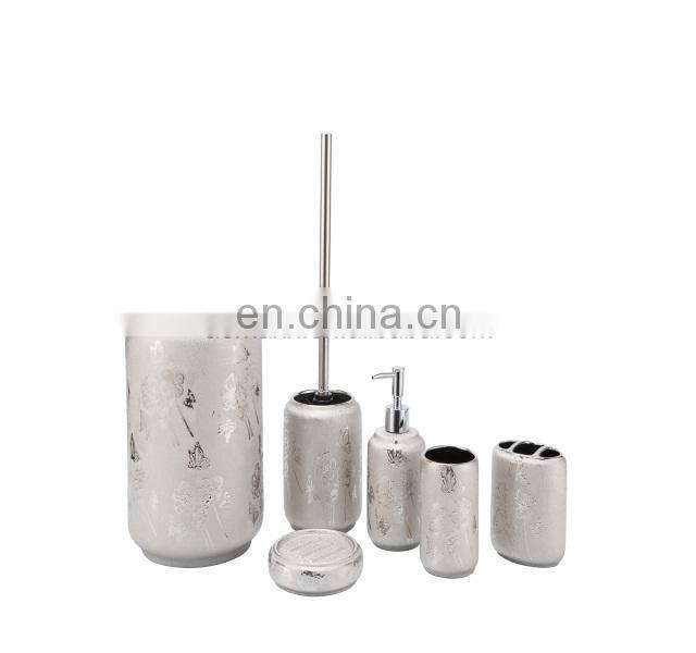 Elegant silver design 6pcs relief hand painted ceramic bathroom accessory sets with soap dispenser toilet brush