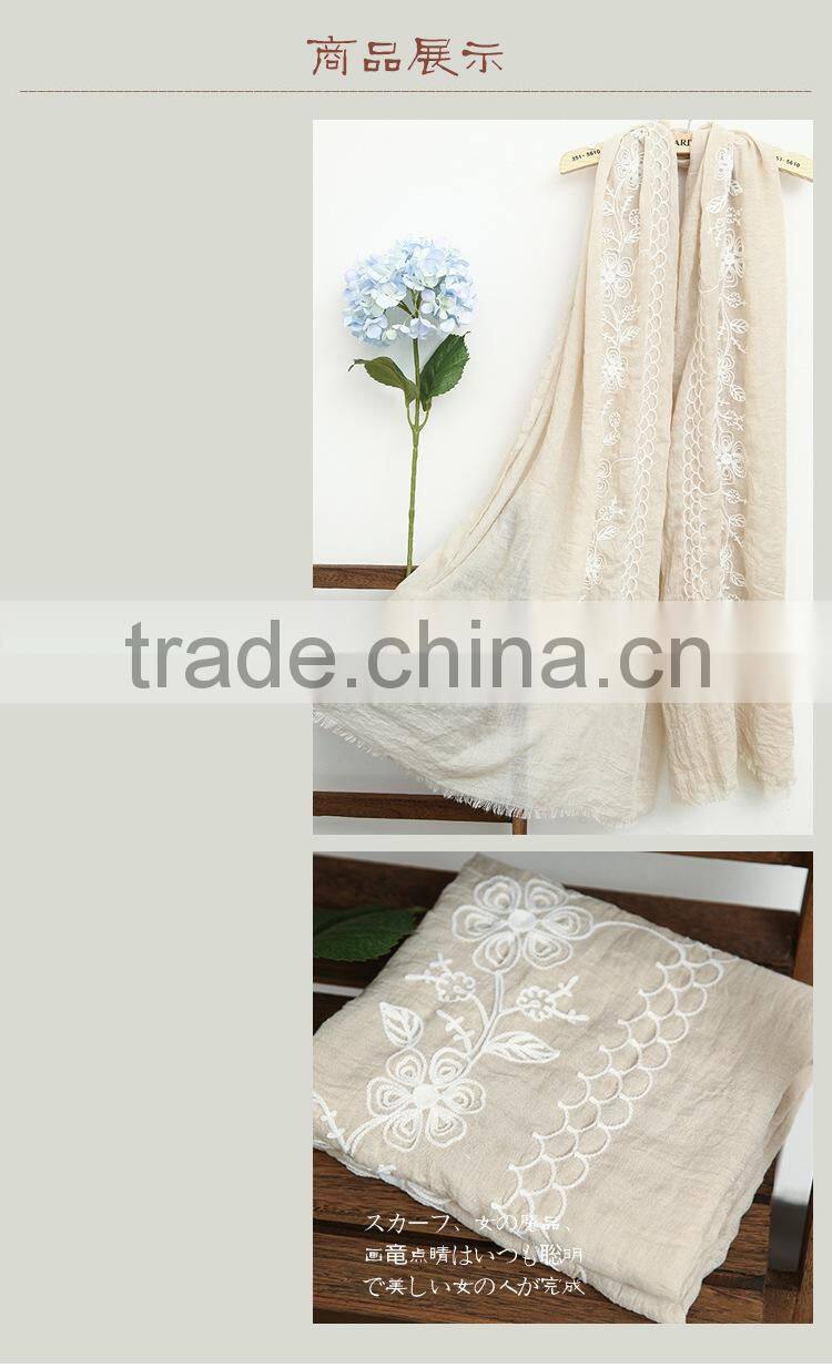 New Style Soft Long Cotton Flower Embroidery Hijab