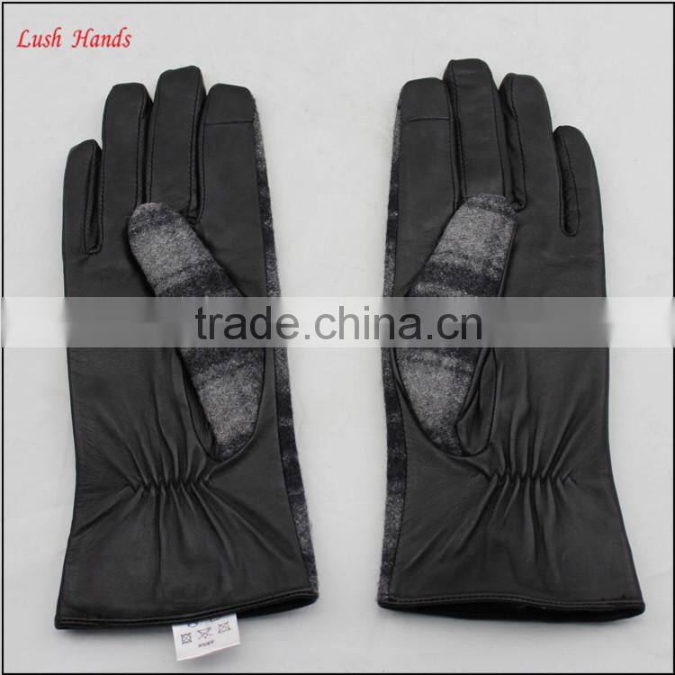 Mens leather and gingham checks fabric gloves touch screen lining polyester