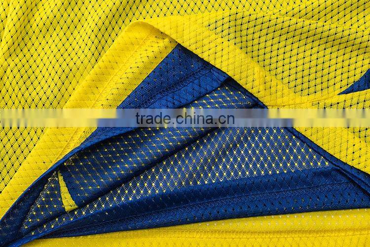 yellow contrast blue mesh fabric digital printing sleeveless basketball uniforms yellow