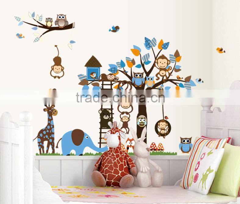 2016 Large Size Kids Cartoon Monkey Giraffe Owl Bird Wall Stickers