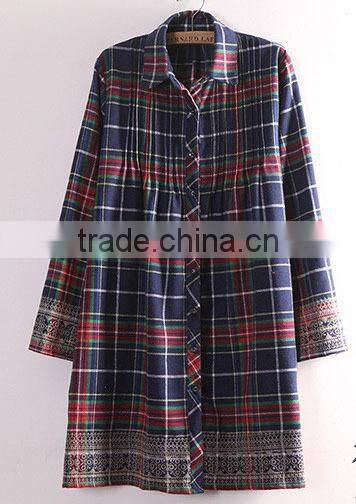 lady checked long skirt cotton shirt emboridery long sleeve blouse
