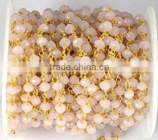 3 Feet Natural Rose Quartz Rosary Style Beaded Chain, Wire Wrapped Chain, Handmade Beaded Chain, Gold Plated Linked Chain,