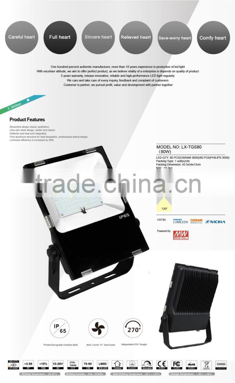 CE Rohs Approved Meanwell Driver Promotion Price 5 Years Warranty Nichia LED 130LM/W 80W LED Exterior Flood Lights