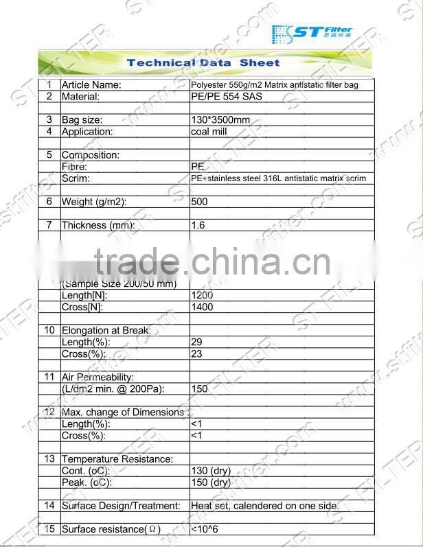 polyester 550g antistatic dust filter bag,PE antistatic dust filter bags technology