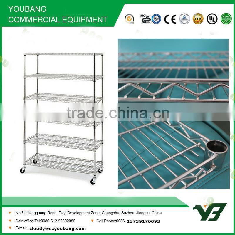 2015 hot sell NSF 150KGS 72x24 inch 6 layer chrome hospital heavy duty wire shelving rack with wheels (YB-WS020)