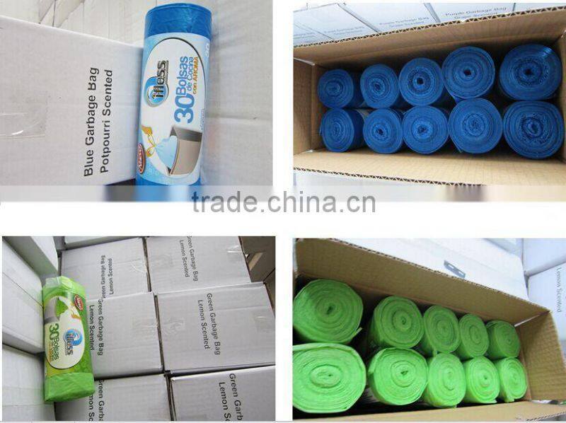 HDPE plastic blue drawstring trash bag on roll