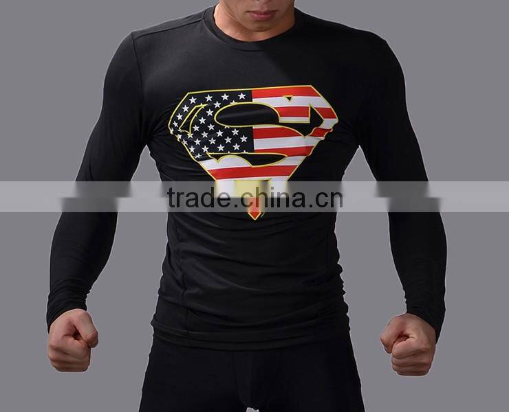 Wholesale Guangzhou Clothing Factory Custom Superhero Shirt High Elastic Gym Compression Quick Dry Sports Tops Male