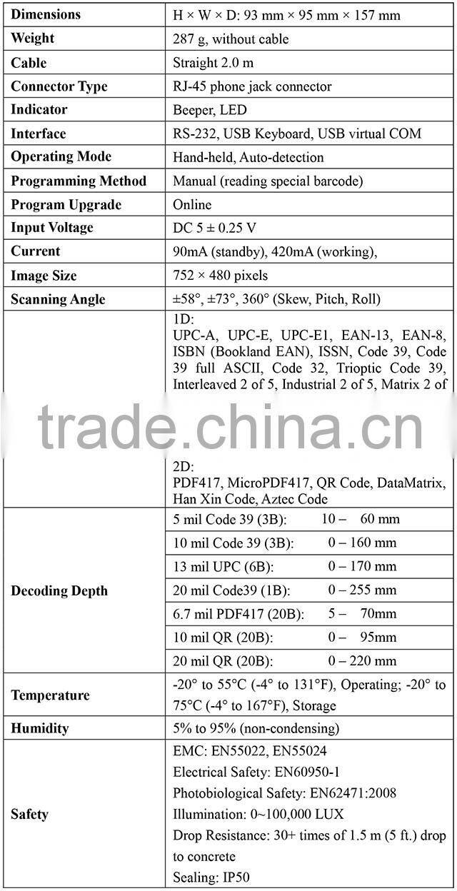 MP720 High quality 1D/2D security scanner Presentation Imager with memory