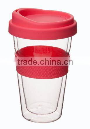 BPA free and food grade Double wall glass cup with silicone lid and sleeve