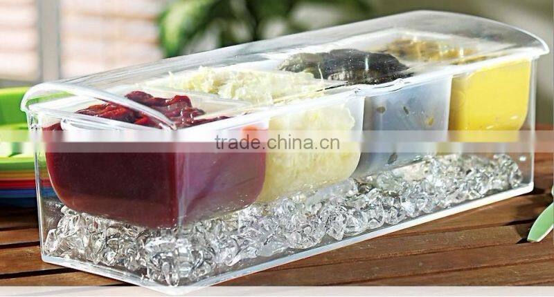Acrylic chilled condiment container on ice snack serving tray
