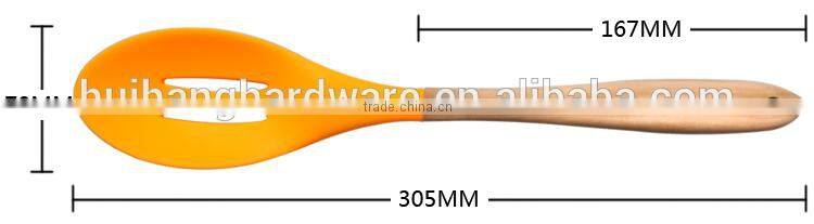 F01-7 silicone slotted spoon, silicone slotted soup spoon with wooden handle