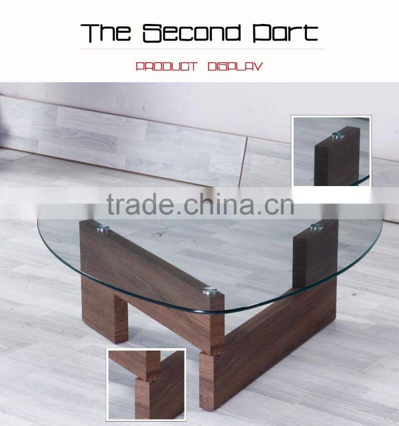Oval glass top wooden leg coffee table made in China