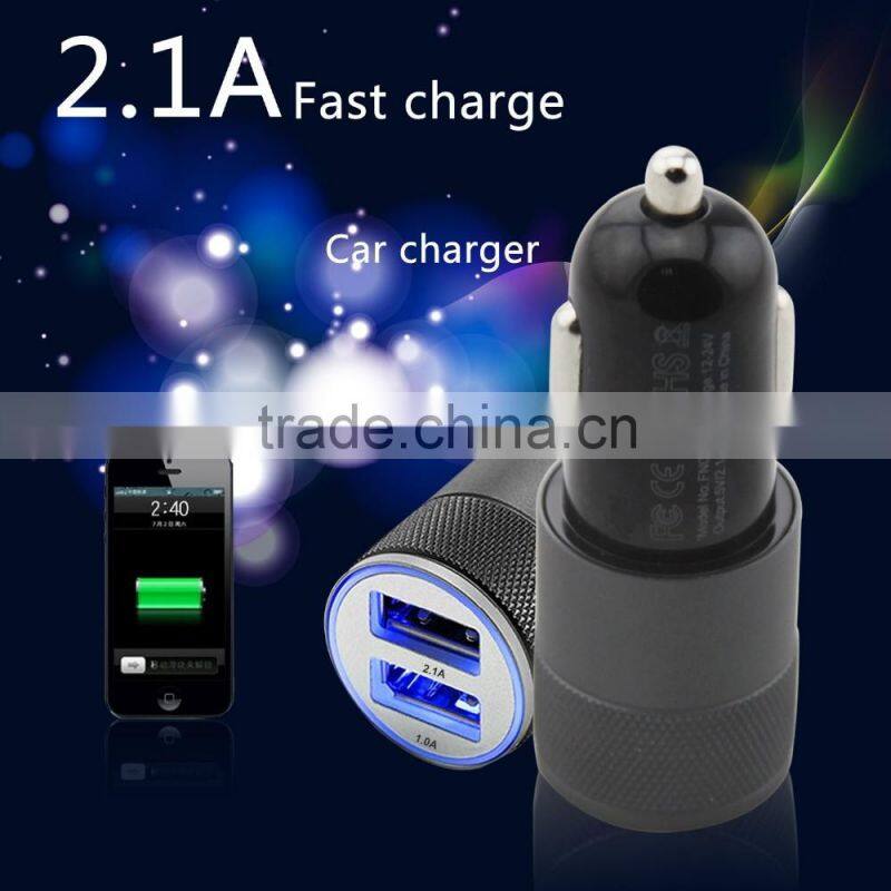 Multifunction 12v 24v 2.1A 1.0A Aluminium Bullet Dual Port USB Universal Car Charger for Iphnoe Ipad Normal Usb Phone