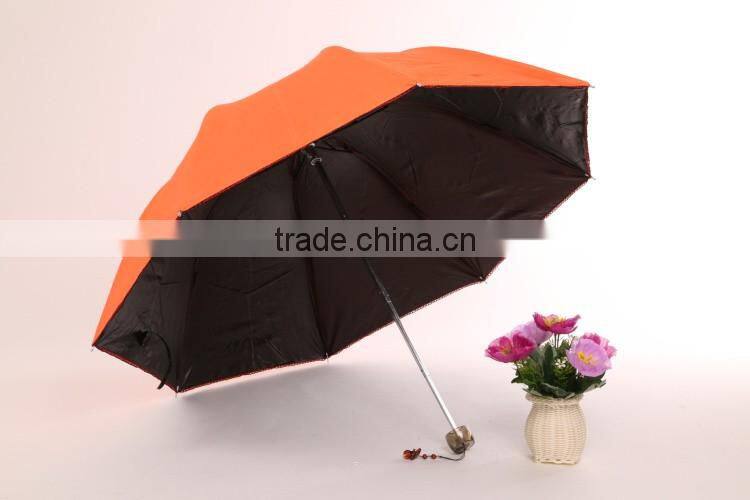 sun umbrella black coated with UV protect 3 folding umbrella made by chinese umbrella manufacturer