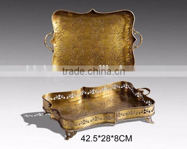 Retro Solid Brass Round Severing Tray, Hand Engraved Bronze Csating Tea Tray With Base, Home Decorative Tray