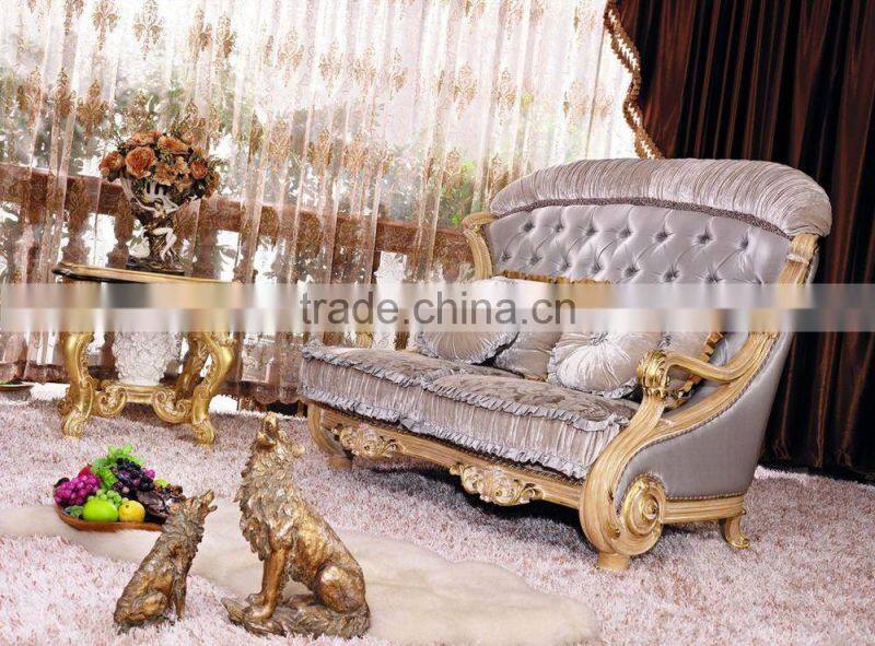 Luxury European Victorian Style Living Room Beige Sofa Set/Fancy Palace Wood Carving Tufted Button Fabric Sofa With Cushions