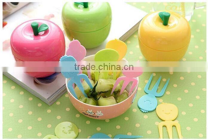 CY046 Apple Shape Plastic Fruit Forks Set with Stand Container Dessert Salad Forks for Kitchen Table Accessories