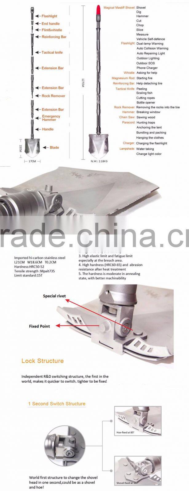 New Design Camping Tool Folding Pick Shovel Multifunction as Shovel Knife and Pick with Flashlight for hunting