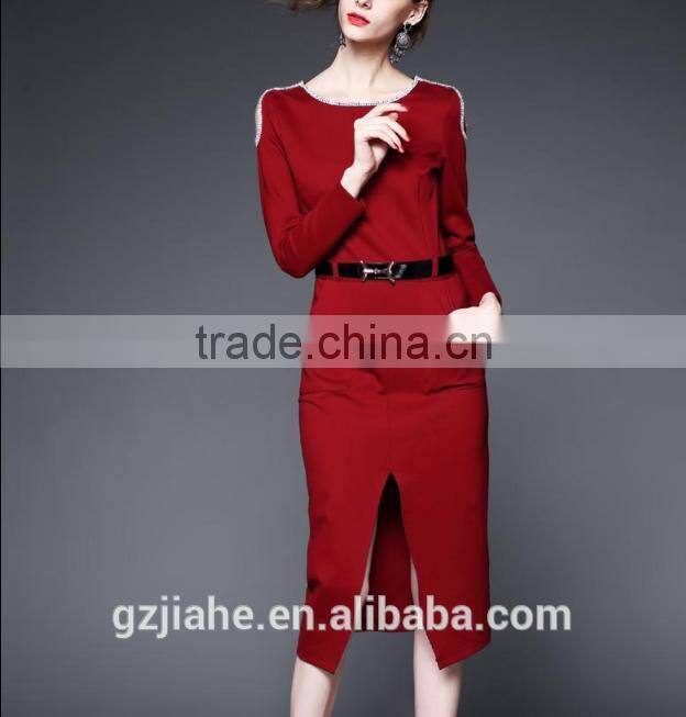 Sexy women knitting pencil wrap dress o-neck bodycon slit long sleeve dress causal dress for women